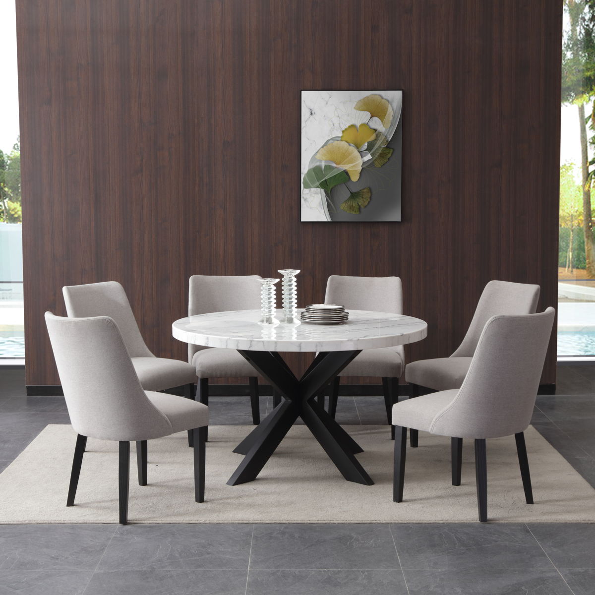 Xena - White Marble Top Round Table - Black